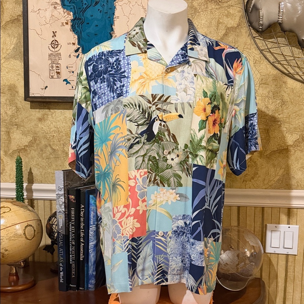 Tommy Bahama 30 th Anniversary Multicolor Tropical Print Silk Shirt. XL